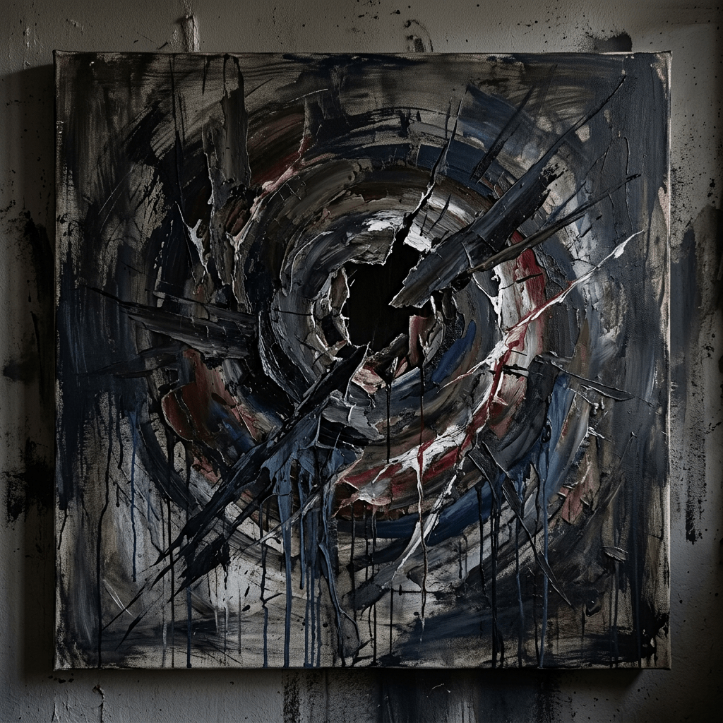 Abstract painting of a circular vortex with jagged black shards and dark colors